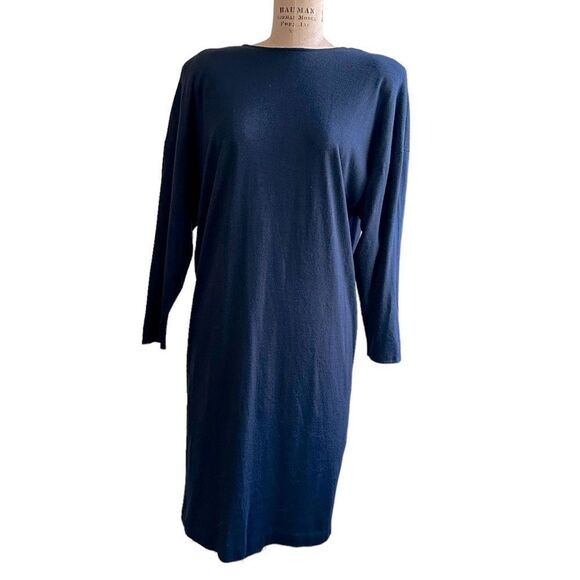 Vintage 80s/90s Black L.A. Passion button down V back jersey dress Size 14 - Picture 3 of 11